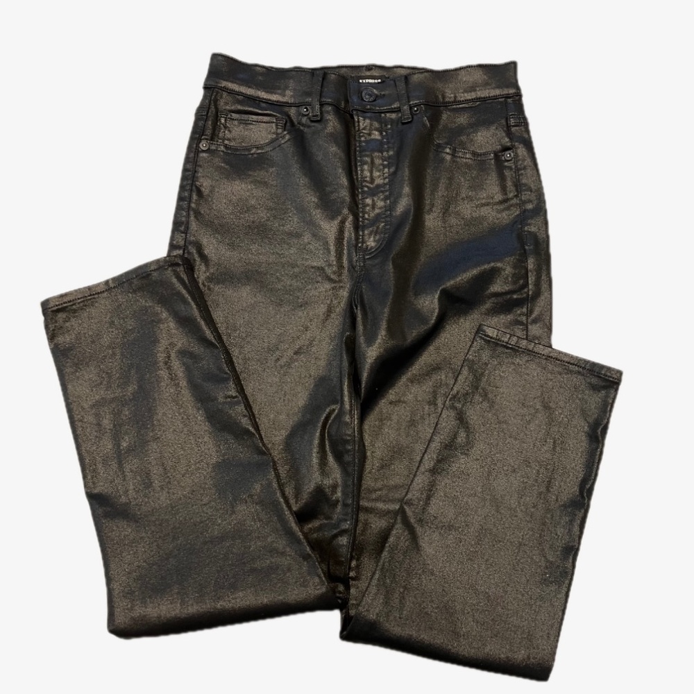 Express Brand black metallic coated skinny high rise moto pants stretch Size 4R